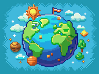 Colorful Pixelated Earth Globe with Silhouette World Map, 8-Bit Style Oceans and Continents, Retro Gaming and Environmental Concept, Isolated Vector Icons