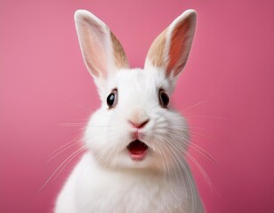 Obraz premium Portrait of a white cute rabbit with surprised expression on a pink background