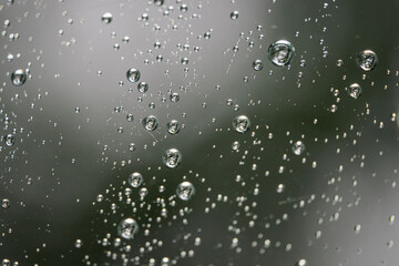 Raindrops on glass in detail.