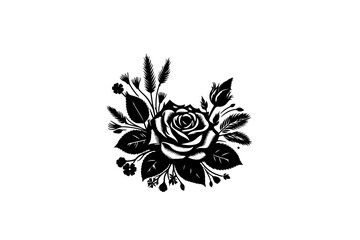 A vector illustration featuring a black silhouette of a rose, complete with a rosebud and leaves, set against a white background.