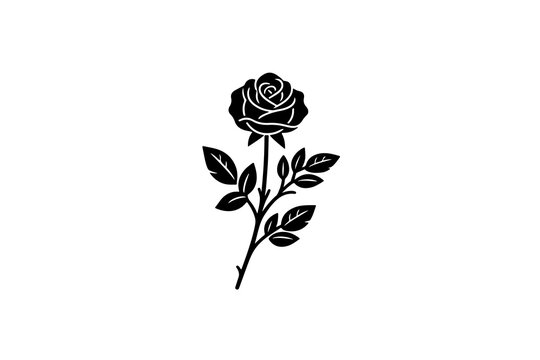 A vector illustration featuring a black silhouette of a rose, complete with a rosebud and leaves, set against a white background.