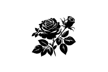 Obraz premium A vector illustration featuring a black silhouette of a rose, complete with a rosebud and leaves, set against a white background.