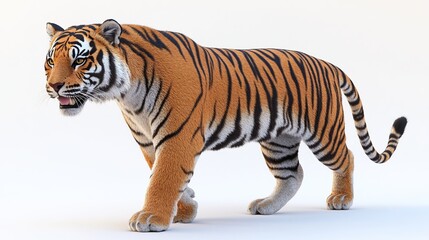 A large Bengal tiger walks towards the camera with its mouth slightly open, its stripes are visible, and it is on a white background.