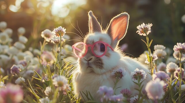 A bunny in a flower brooks sporting pink specs