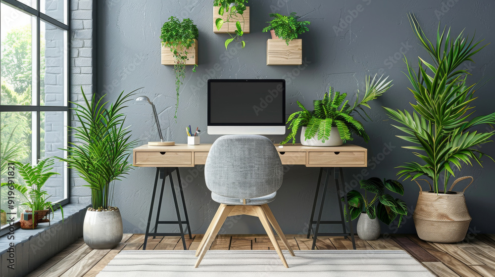 Poster a modern office space with a large window and a computer desk