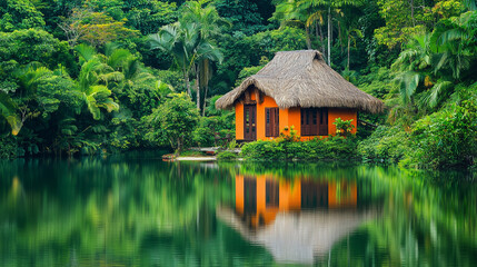 Obraz premium A peaceful house with a thatched roof, surrounded by the lush greenery of the tropical jungle, reflected in the calm waters of the lake.