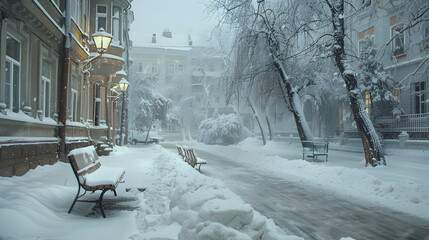 Fototapeta premium Snowfall on city at morning in winter.