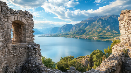 Fototapeta premium From the heights of the ancient fortress there is a breathtaking view of the tranquil lake and the surrounding mountains.