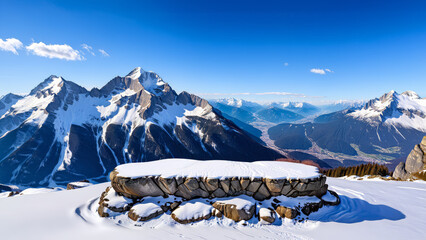 snowy mountain product display podium in the alps, snow covered, empty rock podium with snow and presentation space, blue sky, ad, podium platform, product presentation space