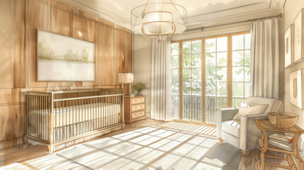 A room with a crib, a rocking chair, a lamp, and a window
