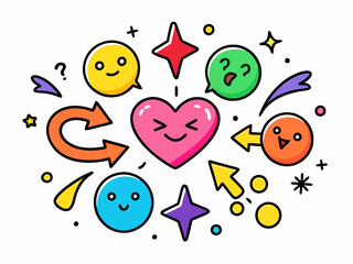 Doodle expressions sign. Comic emotion effects, Manga hand drawn color decorative emoticons elements. Expressive lines, directional arrows, sparkles, heart, question mark. Vector set 
