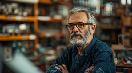 Fototapeta premium A man with glasses and a beard is sitting in a room with shelves full of items