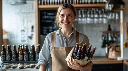 Young woman in an apron holds bottles of craft beer in a cozy brewery setting