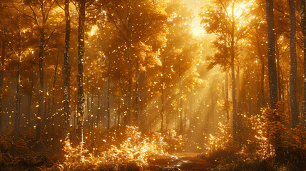 Fototapeta premium a forest with golden trees and light shining through the leaves.