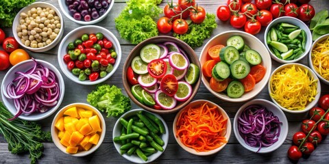 Colorful array of fresh vegetable salad ingredients in bowls, fresh, vegetable, salad, ingredients, colorful, array, healthy, organic