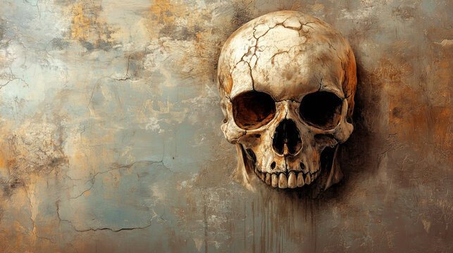 The skull, with obvious signs of wear, cracks, and damage, is set against a complexly textured background.