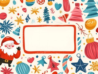 Obraz premium Cartoon Template with Christmas elements in cute Doodle Style.. Cartoon Santa Claus and Christmas tree toys. Greeting card with copy space for text for holiday marketing campaign and promo web design.