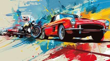 Abstract art of a classic red convertible car and motorcycle on a colorful background.