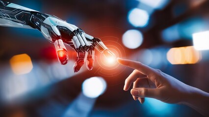 futuristic robotic hand, cybernetic technology fusion, human-robot interaction, glowing red lights, human and machine connection