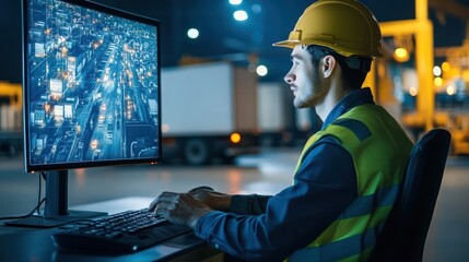 Logistics manager is looking at transportation data on computer.