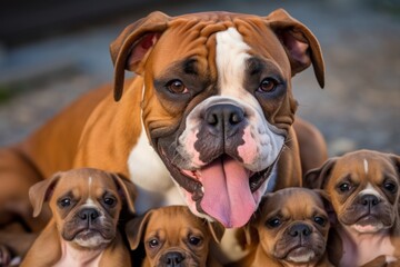 Boxer puppies looking at camera with tongue sticking out and tongue out