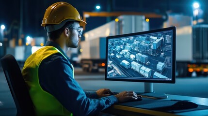 Logistics manager is looking at transportation data on computer.