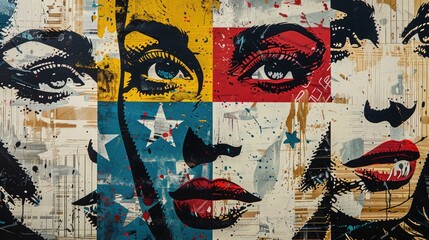 Fototapeta premium Abstract art with four faces in a colorful collage. Bold and vibrant, this piece is perfect for adding a touch of modern art to any space.