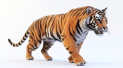 Obraz premium A tiger walks on a white background with its mouth slightly open and showing its fangs.