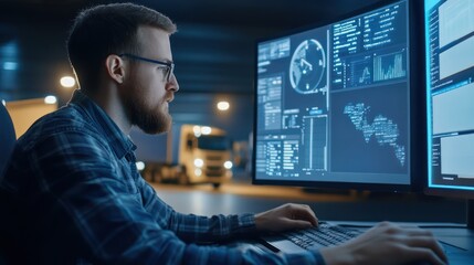 Obraz premium Logistics manager is looking at transportation data on computer.