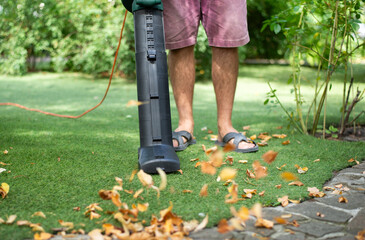 Cordless Leaf Blowers. handheld, cordless, electric leaf blower in a garden, selective focus....