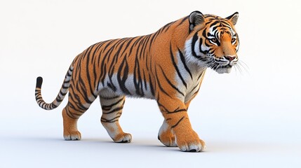 Obraz premium A tiger with orange and black stripes walks across a white background.
