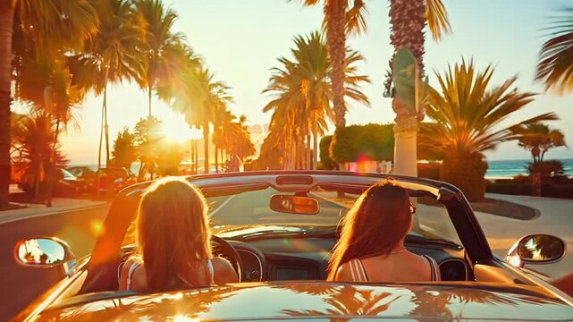 Two young women enjoy a sunset drive in a convertible, the golden light casting a warm glow on palm trees lining the road