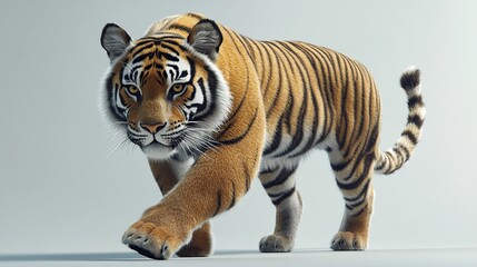 Obraz premium A tiger with orange and black stripes walks on a gray background.