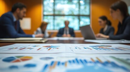 Logistics team meeting in a conference room with maps and statistical graphs