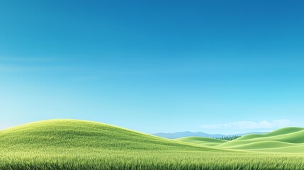 Fototapeta premium A tranquil meadow with rolling green hills under a clear blue sky, the rich green tones of the grass contrast beautifully with the crisp blue sky above.