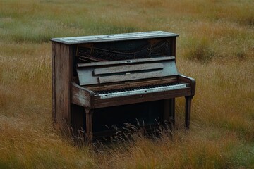 Old Piano Abandoned in a Field of Tall Grass - Musical Instrument Nature Photography