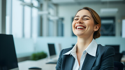Portrait of a laughing businesswoman with closed eyes in office. Generative AI