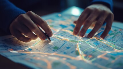 Naklejka premium Transportation route planning using maps and technological devices