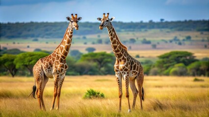 Obraz premium Two graceful giraffes standing tall in savanna habitat , wildlife, animals, nature, safari, African