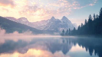 Majestic Mountain Peak Reflection in Serene Lake at Sunrise.