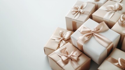 A top view of beige gift boxes with satin ribbons arranged on a white background. The light and elegant composition is ideal for weddings and special celebrations.