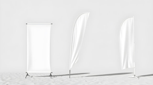 Realistic banner stand, beach flags isolated 3d vector mockups. White rectangular, feather and tear-drop shaped blank canvas for showcasing branding identity and messages. Generative AI