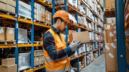 Man in uniform working in a large warehouse with a lot of goods. Rows of shelves with boxes. Logistics. Inventory control, order fulfillment or space optimization. Illustration for advertising.