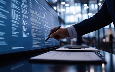 A lawyer uses a digital pen to annotate a contract on a large interactive screen, showcasing the use of technology in modern legal practice, a sleek and modern office as the backdrop.