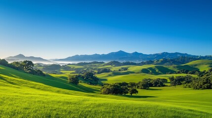 Fototapeta premium A breathtaking diverse landscape featuring a lush meadow, rolling hills, and a distant mountain range, all under a bright, clear blue sky