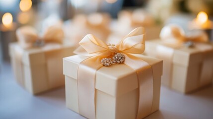 Delicate gift boxes adorned with soft ribbons are arranged on a table, creating a warm, festive atmosphere ideal for a special celebration.