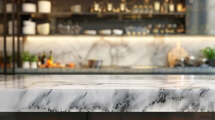 Marble kitchen island with blurred background for product display.