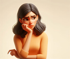 Drawing of a young woman, portrait in 3d style design on light background. Concept of expression of feelings of human people