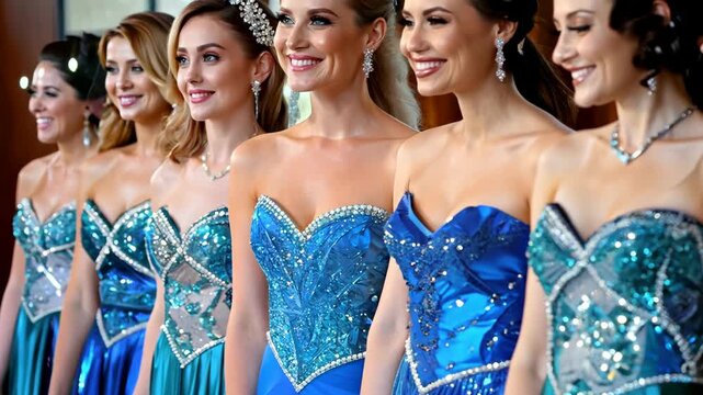 A group of elegantly dressed young women stands in a line, showcasing their sparkling gowns adorned with sequins and beads, basking in the warm light of the setting sun