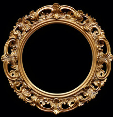Elegant round gold frame with intricate baroque details on a black background